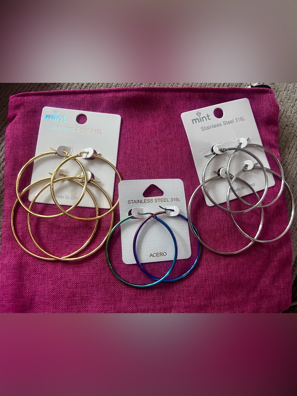 Fashion Jewelry Hoop Earring Set in Gold, Silver, Blue